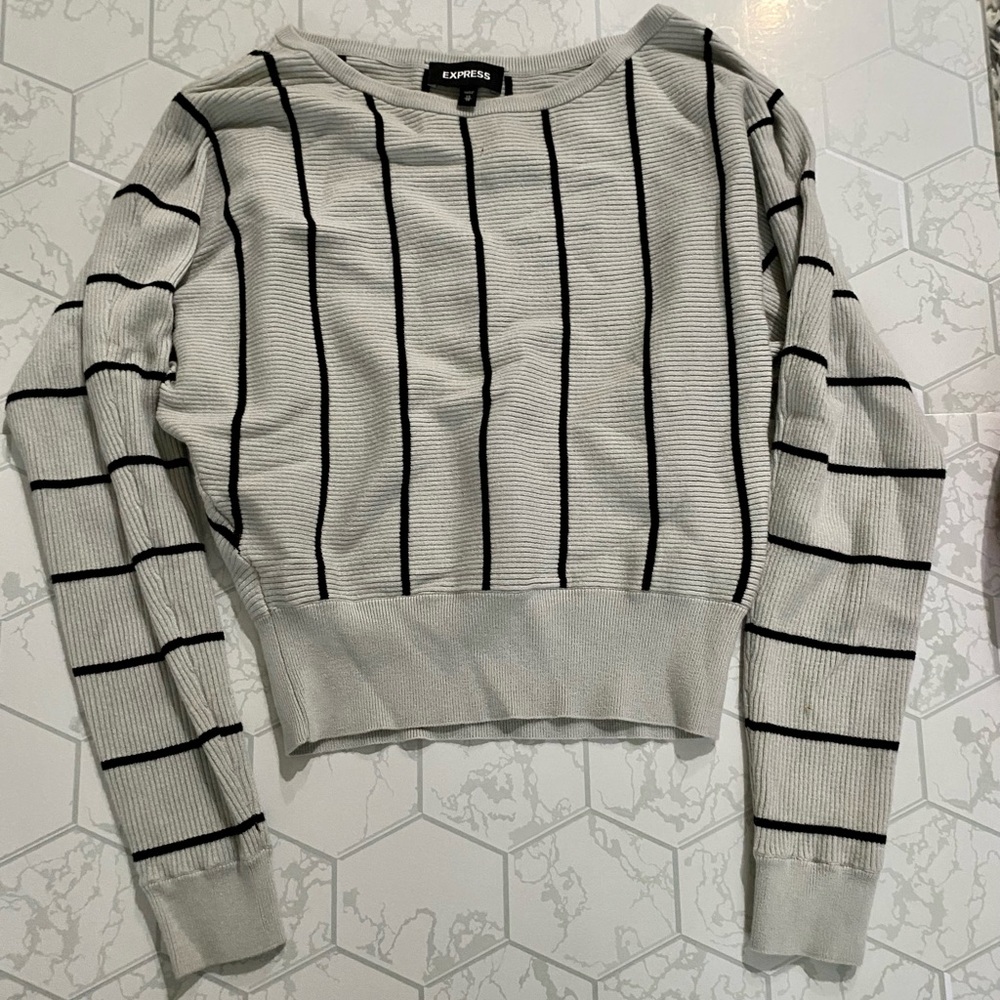 XS Express grey and black stripped ribbed crop sweater.